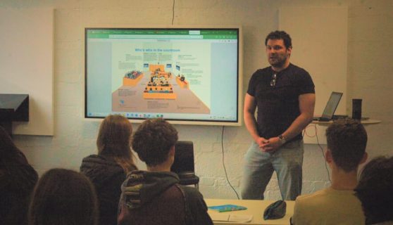 Courts reporter Stephen Bourke leads a training session; image courtesy of Dublin Inquirer 2025.