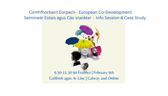 Promotional image in Irish for Co-Development Info Session and Case Study