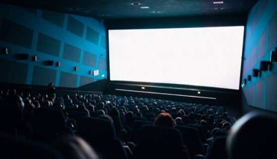 A cinema room with blue walls and an audience seated in front of a blank screen.
