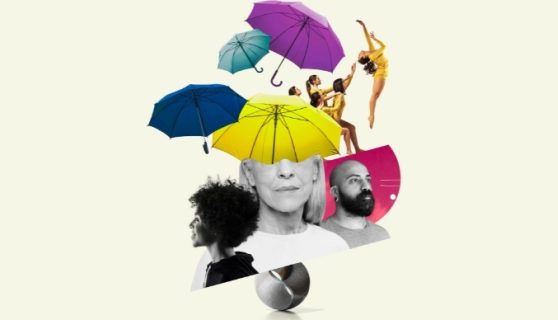 Creative Europe collage of colourful umbrellas, dancers, and heads.